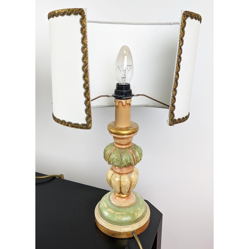 121 - TABLE LAMP, 87cm tall overall, including shade on a Florentine polychrome base, along with a pair of... 