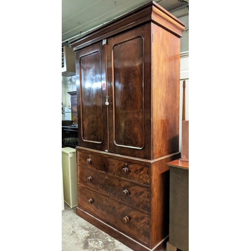 122 - LINEN PRESS, 123cm x 56cm x 226cm H, Victorian mahogany with two doors, brass hanging rail and four ... 