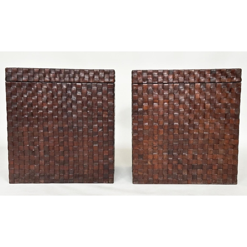 124 - TRUNK/LAMP TABLES, a pair, woven leather each hinged, 57cm x 57cm x 62cm H. (2)