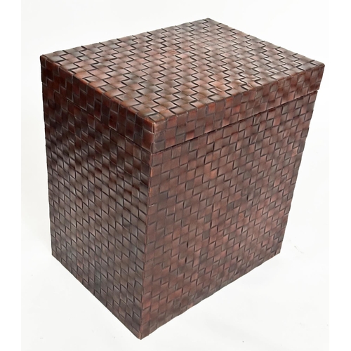 124 - TRUNK/LAMP TABLES, a pair, woven leather each hinged, 57cm x 57cm x 62cm H. (2)