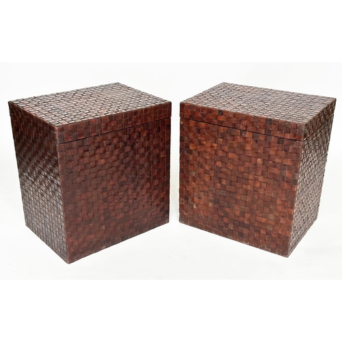 124 - TRUNK/LAMP TABLES, a pair, woven leather each hinged, 57cm x 57cm x 62cm H. (2)