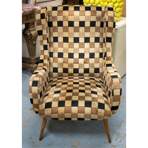 126 - ARMCHAIR, mid 20th century, 66cm x 100cm H in original checked Moquette velvet fabric, covered bent ... 