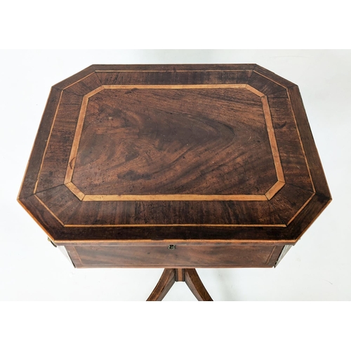 129 - PEDESTAL TABLE, George III mahogany and satinwood single drawers, with canted corners on a facetted ... 