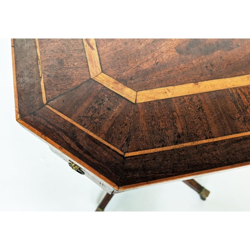 129 - PEDESTAL TABLE, George III mahogany and satinwood single drawers, with canted corners on a facetted ... 