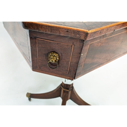 129 - PEDESTAL TABLE, George III mahogany and satinwood single drawers, with canted corners on a facetted ... 