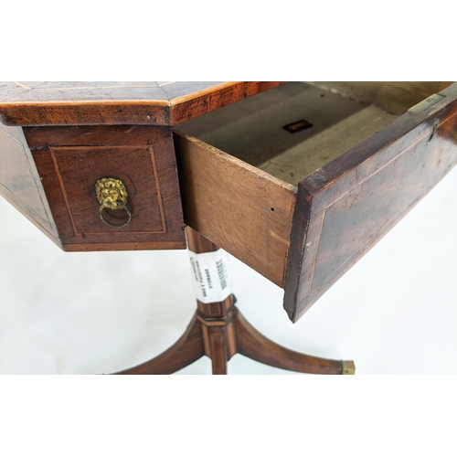 129 - PEDESTAL TABLE, George III mahogany and satinwood single drawers, with canted corners on a facetted ... 