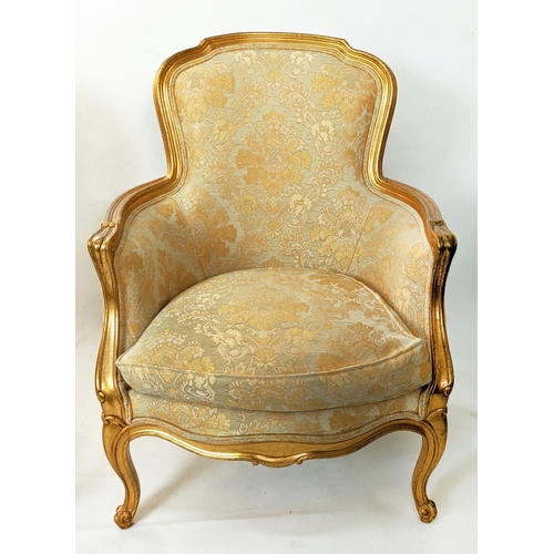 134 - BERGERES, a pair, each 68cm x 93cm H with gilt showframes and gold patterned upholstery. (2)