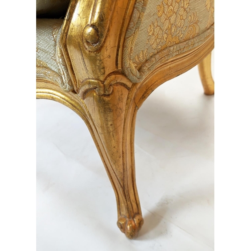 134 - BERGERES, a pair, each 68cm x 93cm H with gilt showframes and gold patterned upholstery. (2)