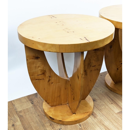 140 - SIDE TABLES, a pair, French Art Deco style burr veneer finish, 64cm x 59cm diam. (2)