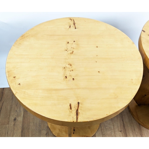 140 - SIDE TABLES, a pair, French Art Deco style burr veneer finish, 64cm x 59cm diam. (2)