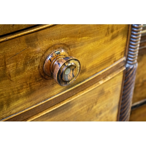 142 - BOWFRONT CHEST, circa 1820, George IV mahogany, four long graduated drawers, applied split turning a... 