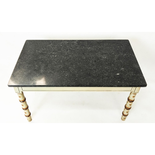 144 - FAUX BAMBOO LOW TABLE, Regency design painted frame with a rectangular marble top, 42cm H x 77cm x 4... 