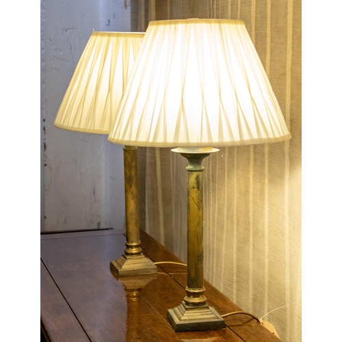 155 - COLUMN LAMPS, a pair, brass, each 71cm H including shades. (2)