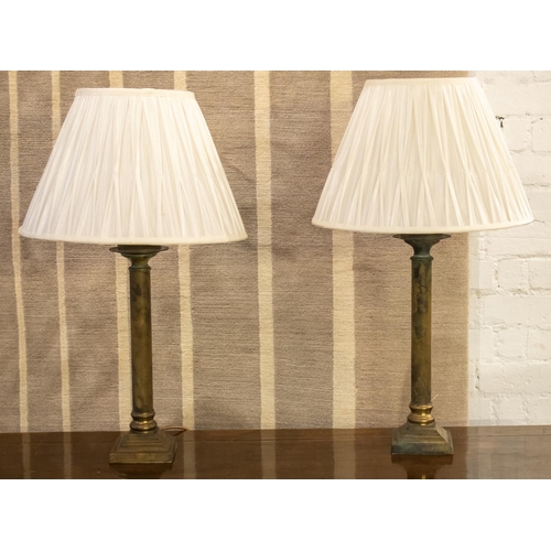 155 - COLUMN LAMPS, a pair, brass, each 71cm H including shades. (2)