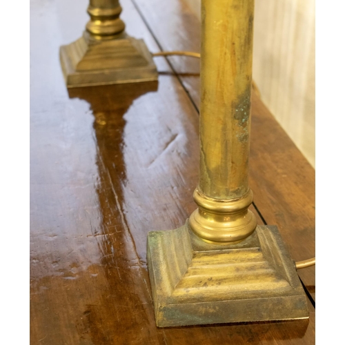 155 - COLUMN LAMPS, a pair, brass, each 71cm H including shades. (2)