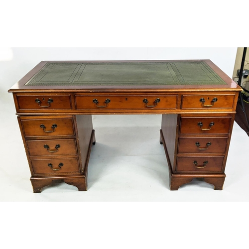 162 - PEDESTAL DESK, 140cm x 68cm, reproduction Georgina style yewwood with green leather top and eight dr... 