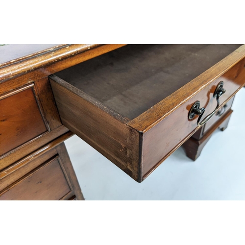 162 - PEDESTAL DESK, 140cm x 68cm, reproduction Georgina style yewwood with green leather top and eight dr... 