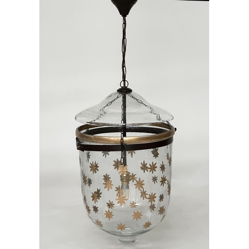 211 - CEILING HALL LANTERN, glass bell jar gilt star decorated with cover, 50cm H x 30cm W.