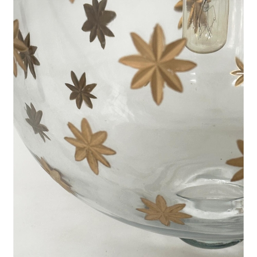 211 - CEILING HALL LANTERN, glass bell jar gilt star decorated with cover, 50cm H x 30cm W.