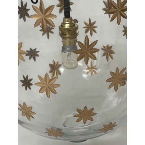 211 - CEILING HALL LANTERN, glass bell jar gilt star decorated with cover, 50cm H x 30cm W.