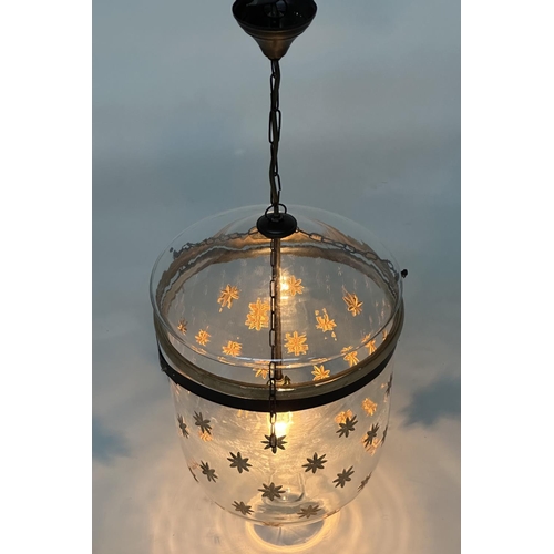 211 - CEILING HALL LANTERN, glass bell jar gilt star decorated with cover, 50cm H x 30cm W.