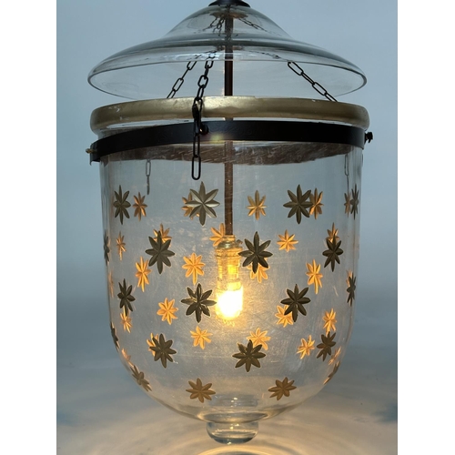 211 - CEILING HALL LANTERN, glass bell jar gilt star decorated with cover, 50cm H x 30cm W.