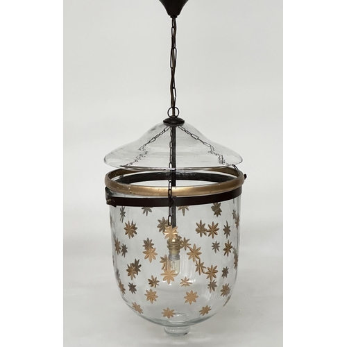 212 - CEILING HALL LANTERN, glass bell  jar gilt star decorated with cover, 50cm H x 30cm W.