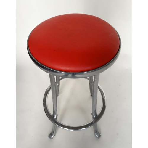 214 - BAR STOOLS, a pair, Joan Casa Ortinex Indescasa cast aluminum circular with red wipeable seats and f... 