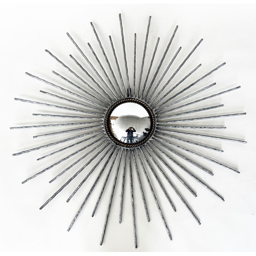 217 - STARBUST WALL MIRROR, wrought iron and silvered rays and convex mirror, 96cm W.