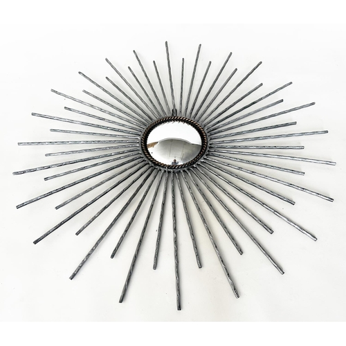 217 - STARBUST WALL MIRROR, wrought iron and silvered rays and convex mirror, 96cm W.