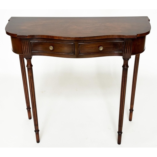 289 - HALL TABLE, Regency design flame mahogany and crossbanded with two frieze drawers and turned fluted ... 