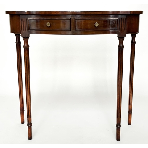 289 - HALL TABLE, Regency design flame mahogany and crossbanded with two frieze drawers and turned fluted ... 