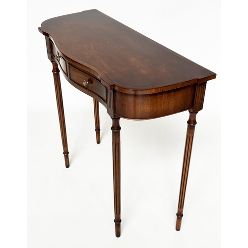 289 - HALL TABLE, Regency design flame mahogany and crossbanded with two frieze drawers and turned fluted ... 