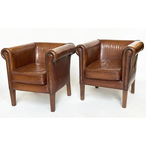 290 - ARMCHAIRS, a pair, vintage tub-form with brass studded mid brown natural leather upholstery, scroll ... 