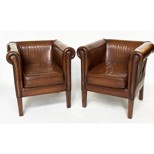 290 - ARMCHAIRS, a pair, vintage tub-form with brass studded mid brown natural leather upholstery, scroll ... 