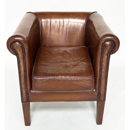 290 - ARMCHAIRS, a pair, vintage tub-form with brass studded mid brown natural leather upholstery, scroll ... 