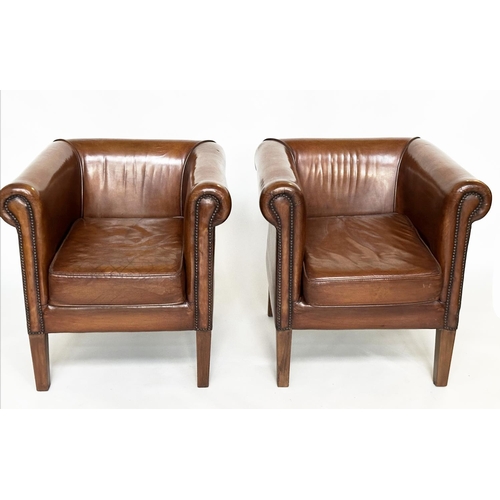 290 - ARMCHAIRS, a pair, vintage tub-form with brass studded mid brown natural leather upholstery, scroll ... 