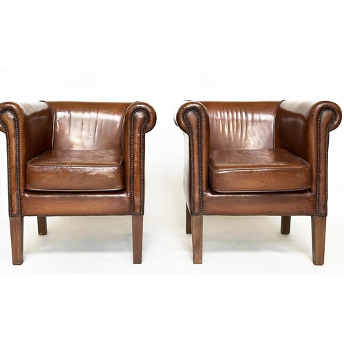 290 - ARMCHAIRS, a pair, vintage tub-form with brass studded mid brown natural leather upholstery, scroll ... 