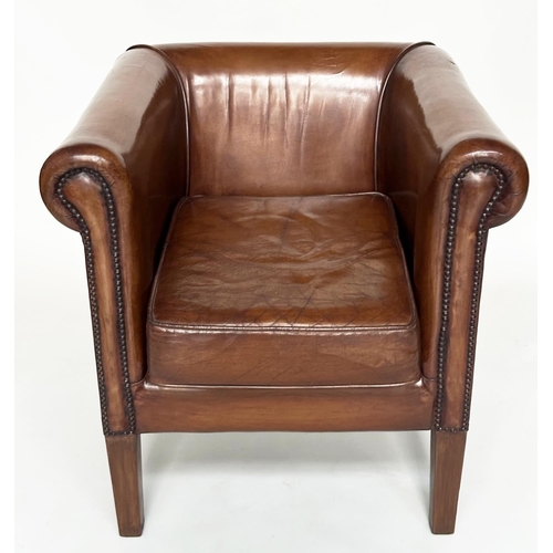 290 - ARMCHAIRS, a pair, vintage tub-form with brass studded mid brown natural leather upholstery, scroll ... 