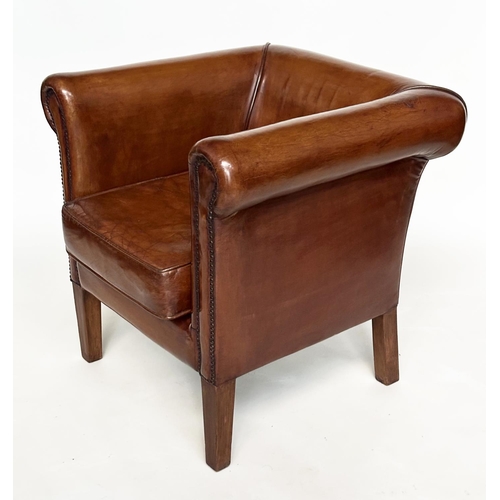 290 - ARMCHAIRS, a pair, vintage tub-form with brass studded mid brown natural leather upholstery, scroll ... 