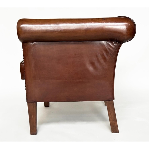 290 - ARMCHAIRS, a pair, vintage tub-form with brass studded mid brown natural leather upholstery, scroll ... 