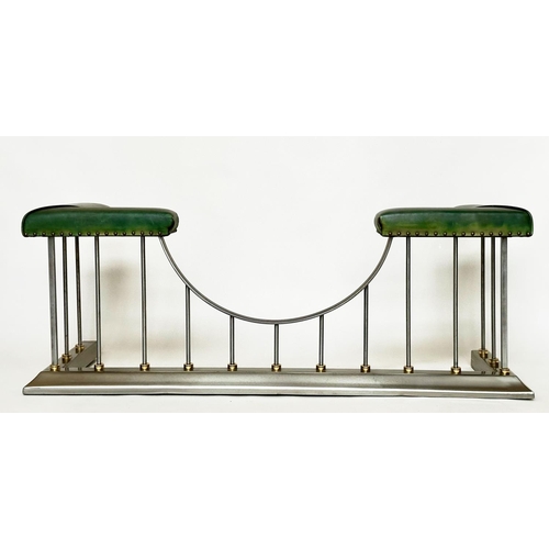 291 - CLUB FENDER, vintage steel with studded green leather seat pads raised upon shaped balustrade suppor... 