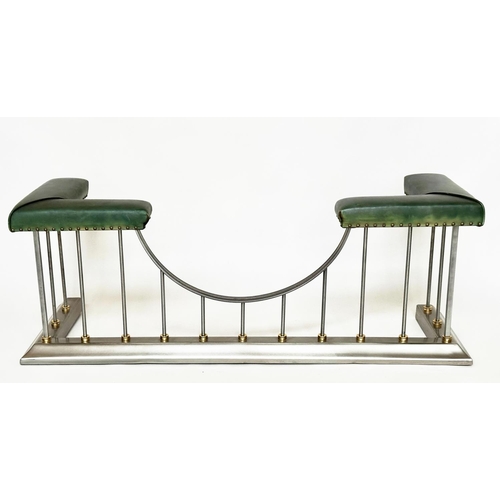 291 - CLUB FENDER, vintage steel with studded green leather seat pads raised upon shaped balustrade suppor... 