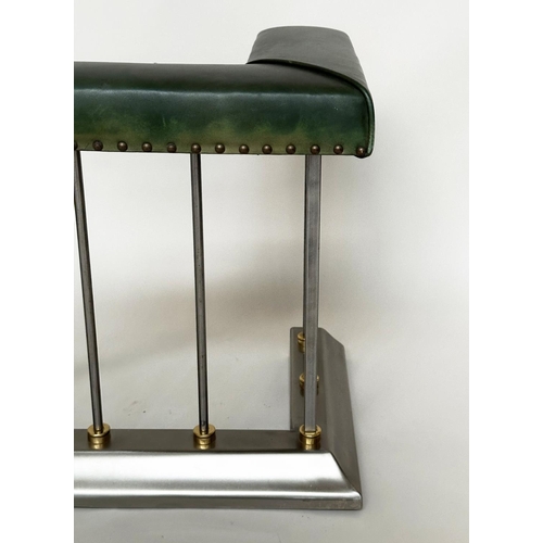 291 - CLUB FENDER, vintage steel with studded green leather seat pads raised upon shaped balustrade suppor... 