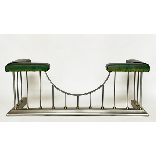 291 - CLUB FENDER, vintage steel with studded green leather seat pads raised upon shaped balustrade suppor... 