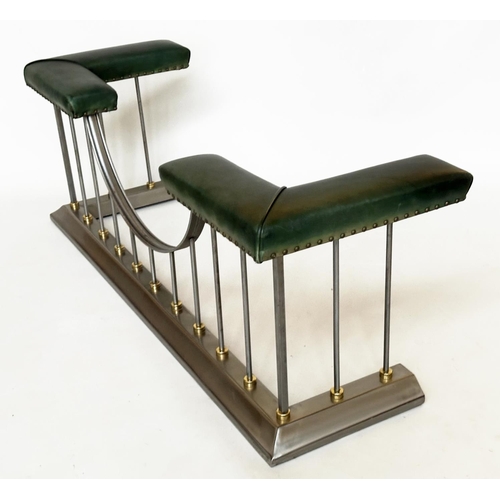 291 - CLUB FENDER, vintage steel with studded green leather seat pads raised upon shaped balustrade suppor... 