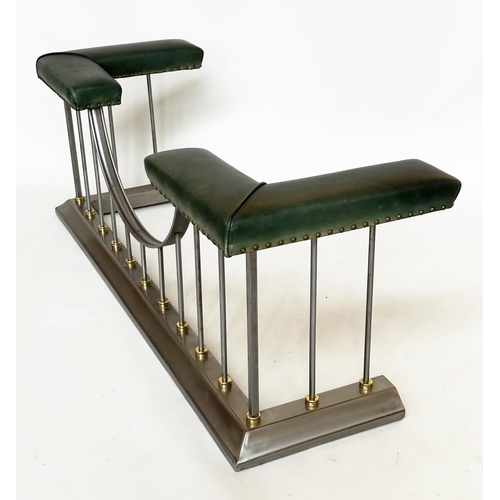 291 - CLUB FENDER, vintage steel with studded green leather seat pads raised upon shaped balustrade suppor... 