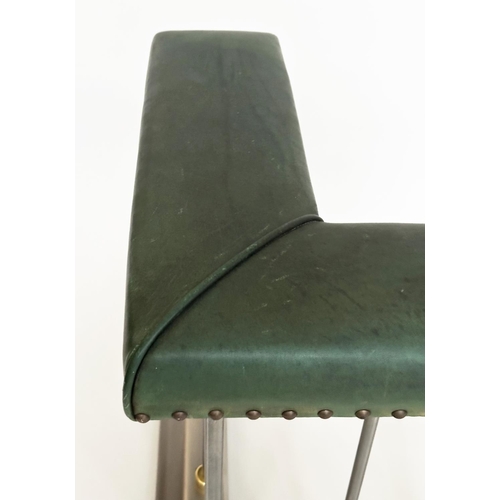 291 - CLUB FENDER, vintage steel with studded green leather seat pads raised upon shaped balustrade suppor... 