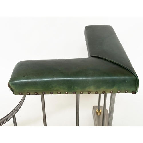 291 - CLUB FENDER, vintage steel with studded green leather seat pads raised upon shaped balustrade suppor... 