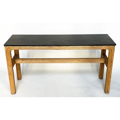 292 - SOFA TABLE/CONSOLE, 1950's style rounded rectangular black fossil marble raised upon split cane deco... 